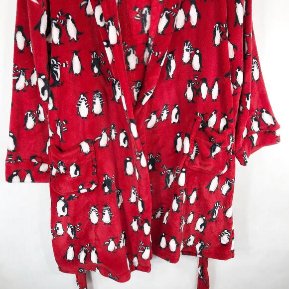 Vera Bradley Small Medium Robe Playful Penguins Red Mini Belted Fleece Lounge D - Picture 4 of 8